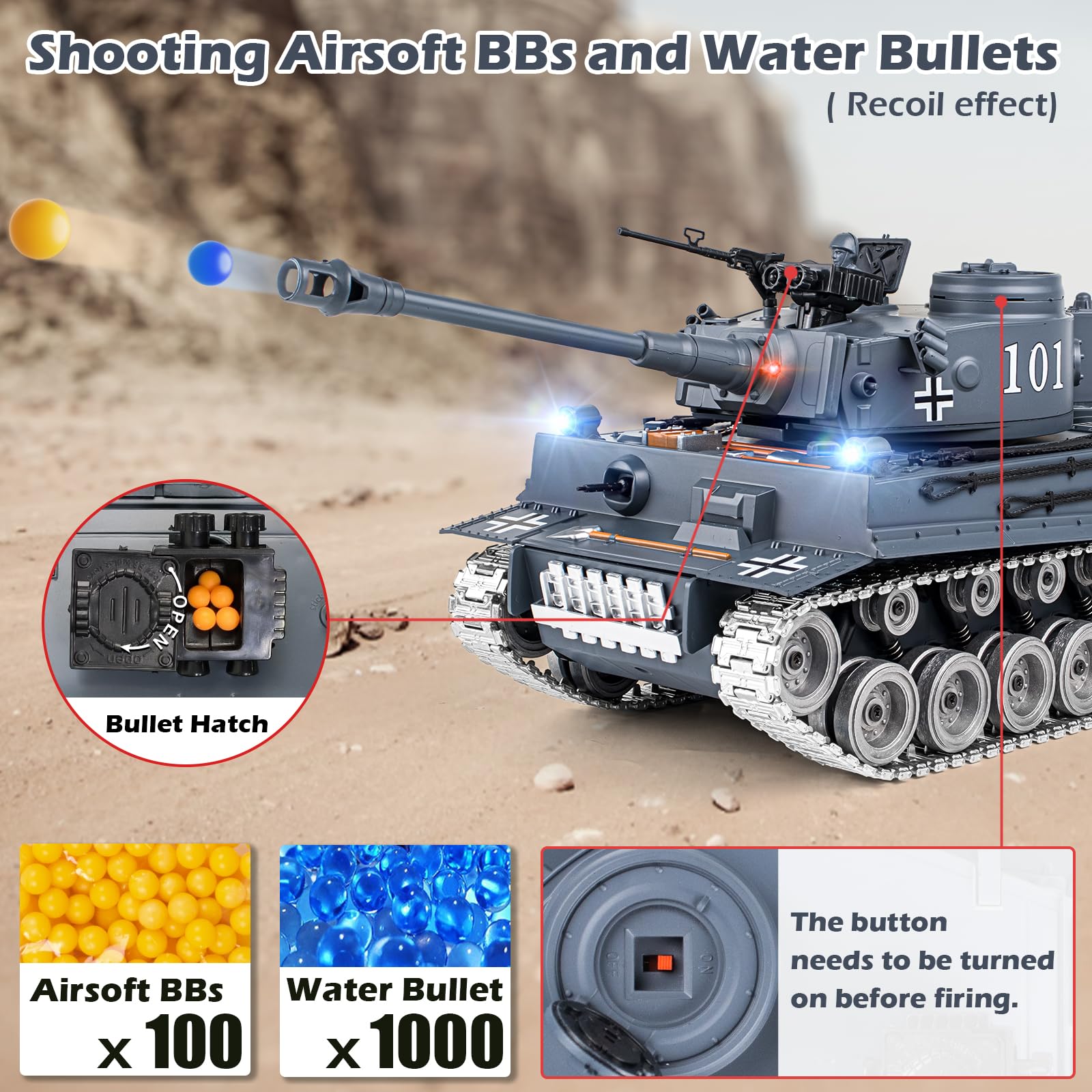 Supdex RC Tank, 1:18 Alloy Metal German Tiger I Remote Control Army Model Toys, 2.4Ghz RC Vehicle with Smoke, Sound and Lights, Military Tank That Shoots BBS and Water Bombs for Adults and Kids