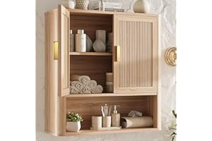 INNOD Bathroom Wall Storage Cabinet, Medicine Cabinet with Adjustable Wood Shelf & Doors, Over The Toilet Storage Cabinet for Laundry Room & Kitchen & Living Room (Natural Oak)