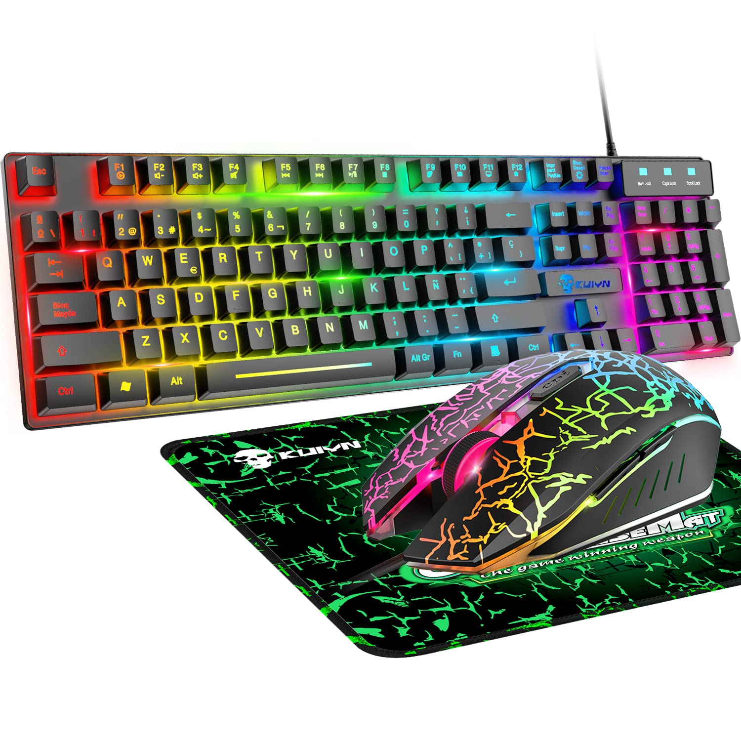 RGB Backlit Ergonomic Mechanical Feel Light Up Keyboard + 2400DPI 6 Buttons Optical Rainbow LED Mouse + FREE Gaming Mouse Pads - PC & Laptop Compatible