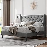 Feonase Queen Bed Frame with Upholstered Wingback Headboard, Platform Bed and Heavy Duty Wooden Slats Support, Easy Assembly, Noise-Free, No Box Spring Needed, Light Gray