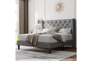 Feonase Queen Bed Frame with Upholstered Wingback Headboard, Platform Bed and Heavy Duty Wooden Slats Support, Easy Assembly, Noise-Free, No Box Spring Needed, Light Gray