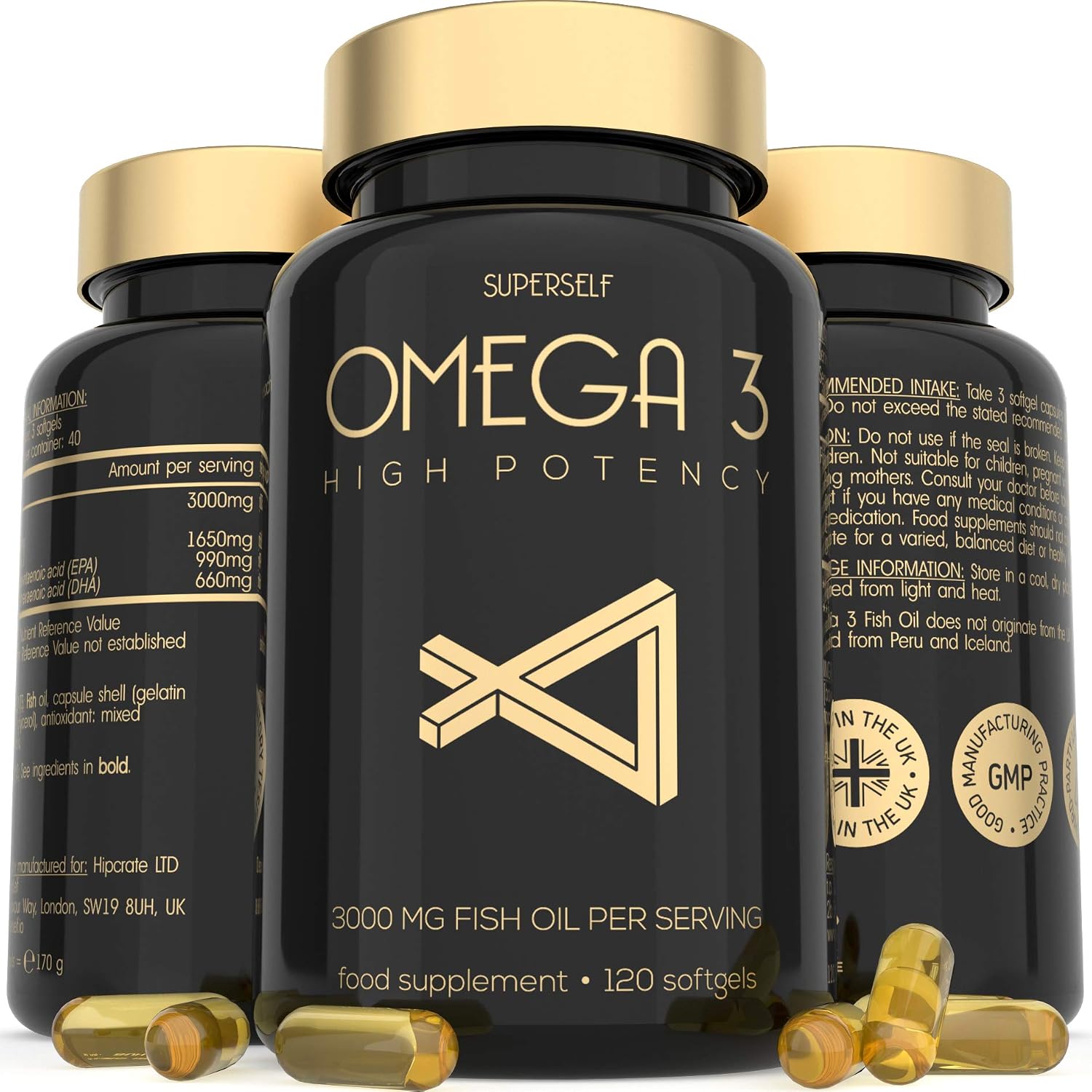 Fish Oil Omega 3 Capsules High Strength, 3000mg Triple Potency, Easy to Swallow with No Fishy Aftertaste, 120 Softgels
