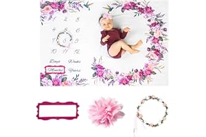 Bliss n' Baby Monthly Milestone Blanket for Baby Girl - 60"x40" - Wrinkle Free Baby Age Month Blanket with Growth Chart - Washable & Dryable - w/Wreath & Headband - Floral Theme