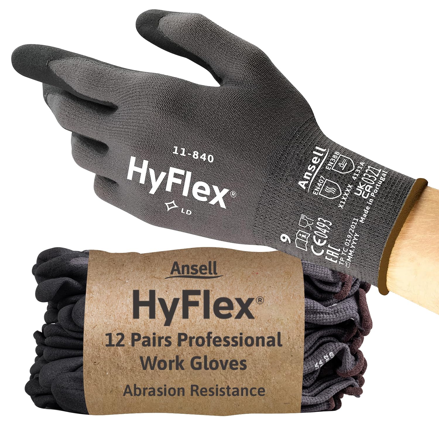 Ansell HyFlex 11-840, Professional Work Gloves, Abrasion Resistant Nitrile Coating with Firm Grip, Multipurpose, Industrial Safety Gloves, Black X-Small, 12 Pairs