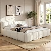 Queen Upholstered Platform Bed with Bouclé Headboard & Block Design, White | Sturdy Wood Low Platform Bed Bed with Space-Savi