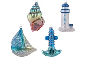 Valery Madelyn Glass Christmas Ornaments Set, 4ct Light Blue and Silver Blown Glass Christmas Tree Decorations, Summer Beach Coastal Ocean Nautical Marine Xmas Hanging Finial Balls Bulk Holiday Decor