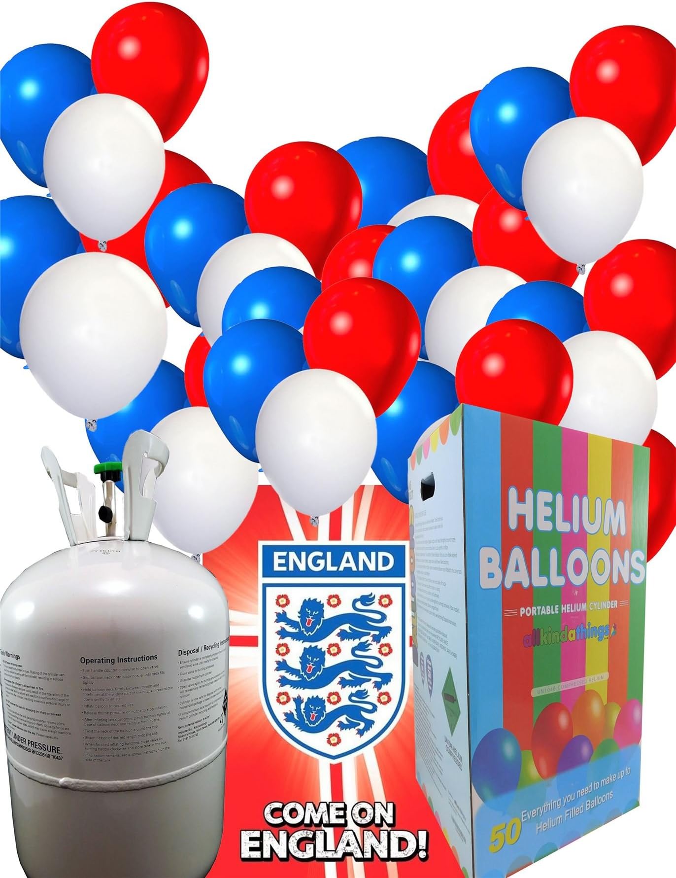 Allkindathings Disposable Helium Gas Canister with Red White and Blue Balloons