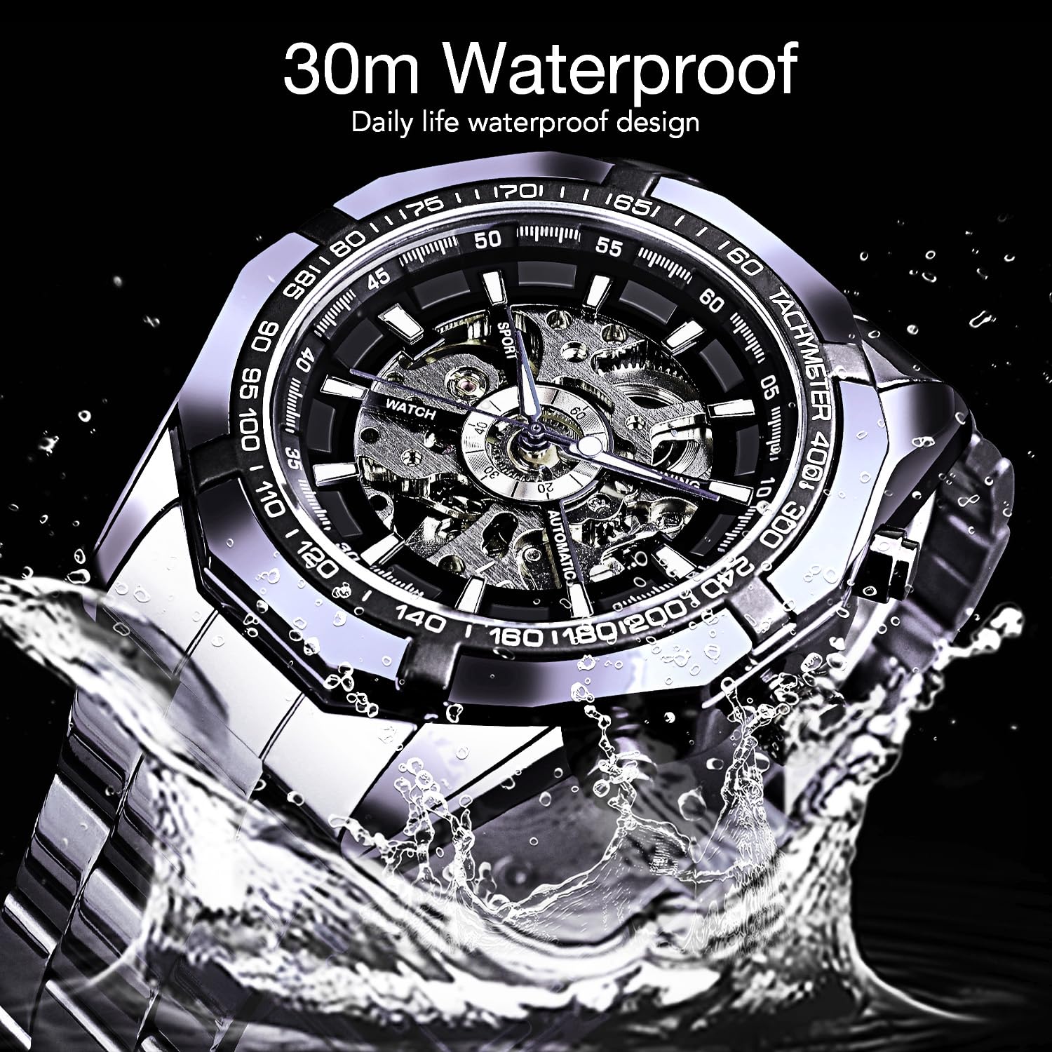 FORSINING Mens Watches Automatic Skeleton Hollow Mechanical Automatic Luxury Watch Blue Black Stainless Steel Band Waterproof Wrist Watch, silver black, Modern