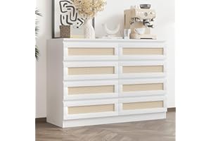 8-Drawer Rattan Dresser for Bedroom, 47" Modern Wooden Storage Cabinet with Smooth Metal Slides, Multi-Purpose Chest of Drawe