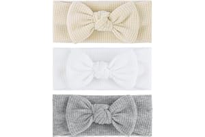 ONENINEDREAM 4" Baby Girls Hairband with Bows - 3Pcs Gray White Beige (Handmade Soft Headwraps Baby Hair Accessories for Infant Toddler)