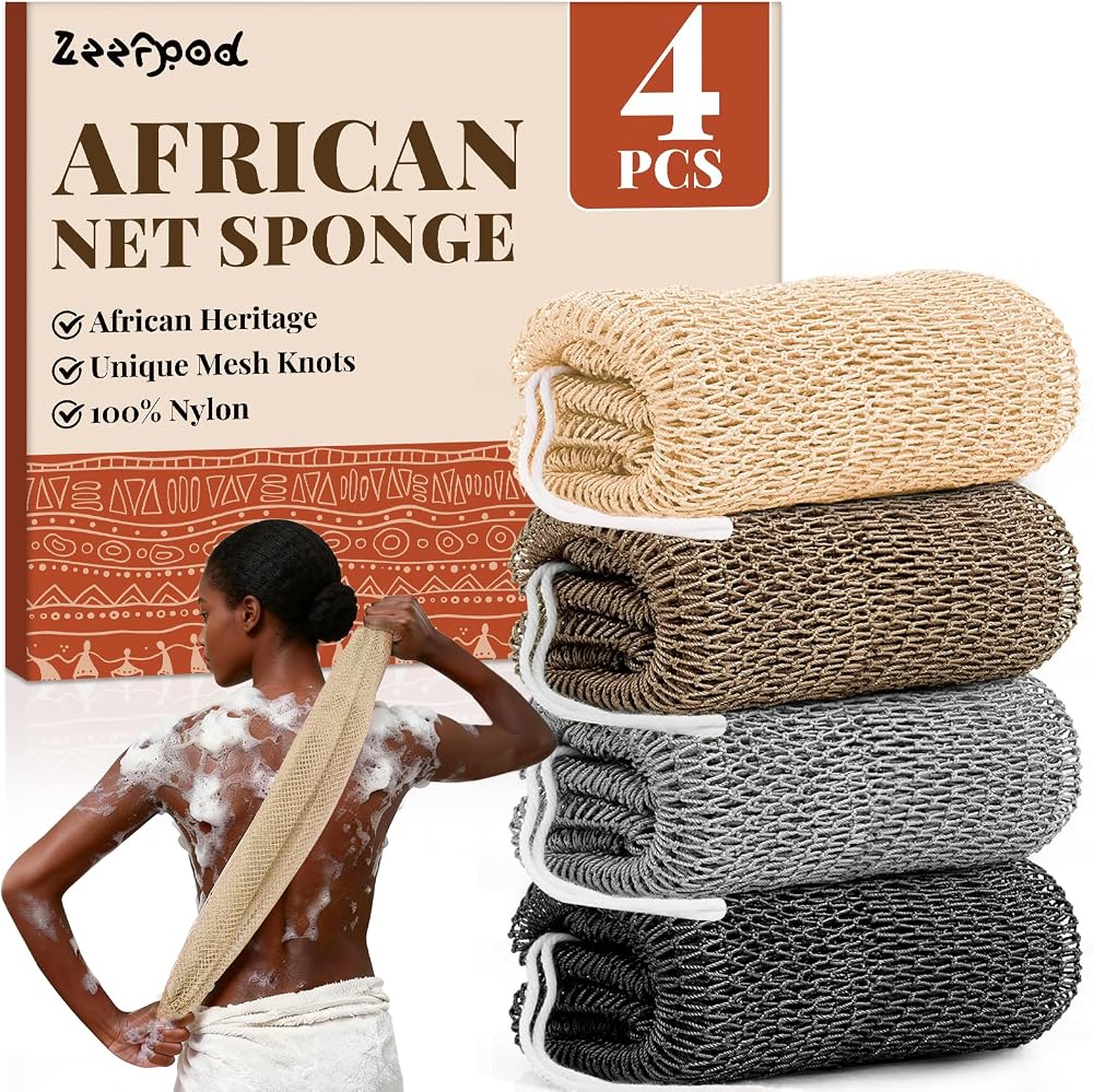 African Net Sponge Authentic-4 Packs African Exfoliating Net Sponge,Bath Sponges for Shower,42 inch Long for Normal to Sensit
