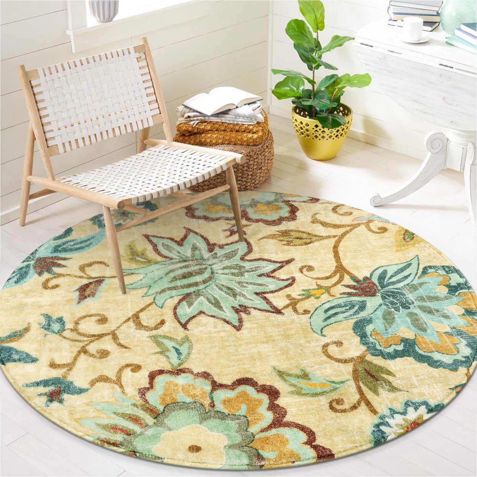 Photo 1 of Lahome Floral Small Circle Rug, 3Ft Round, Washable Non-Slip Throw, Soft Boho, Beige Paisley Print, Indoor Area Rug for Kitchen, Bedroom, Nursery, Kids