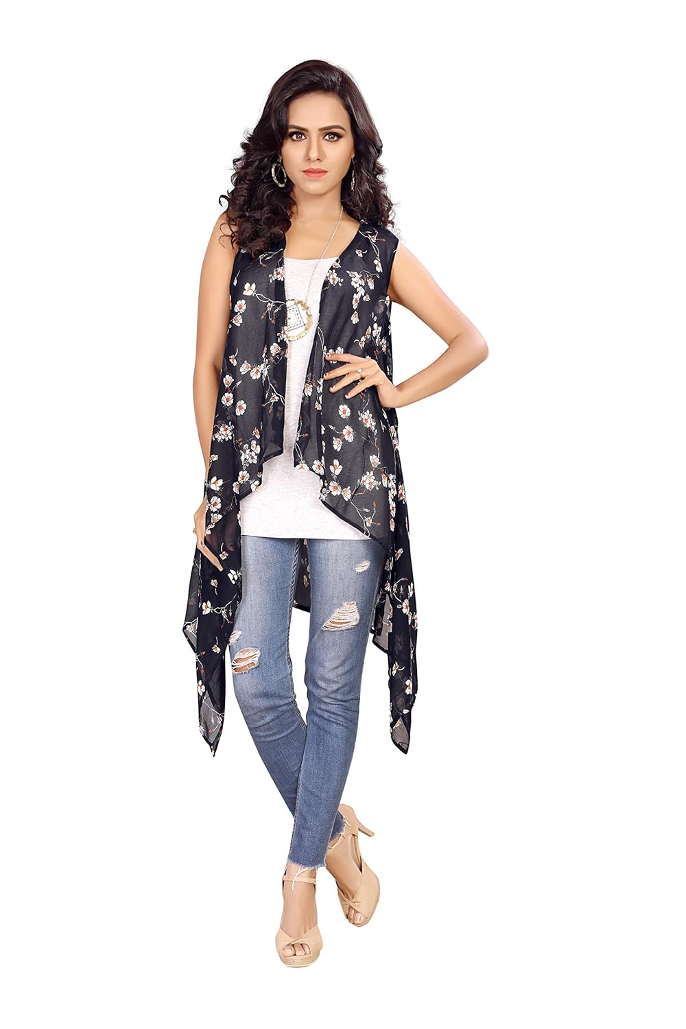 Buy Serein Women's Shrug (Black Floral Print Sleeveless Shrug