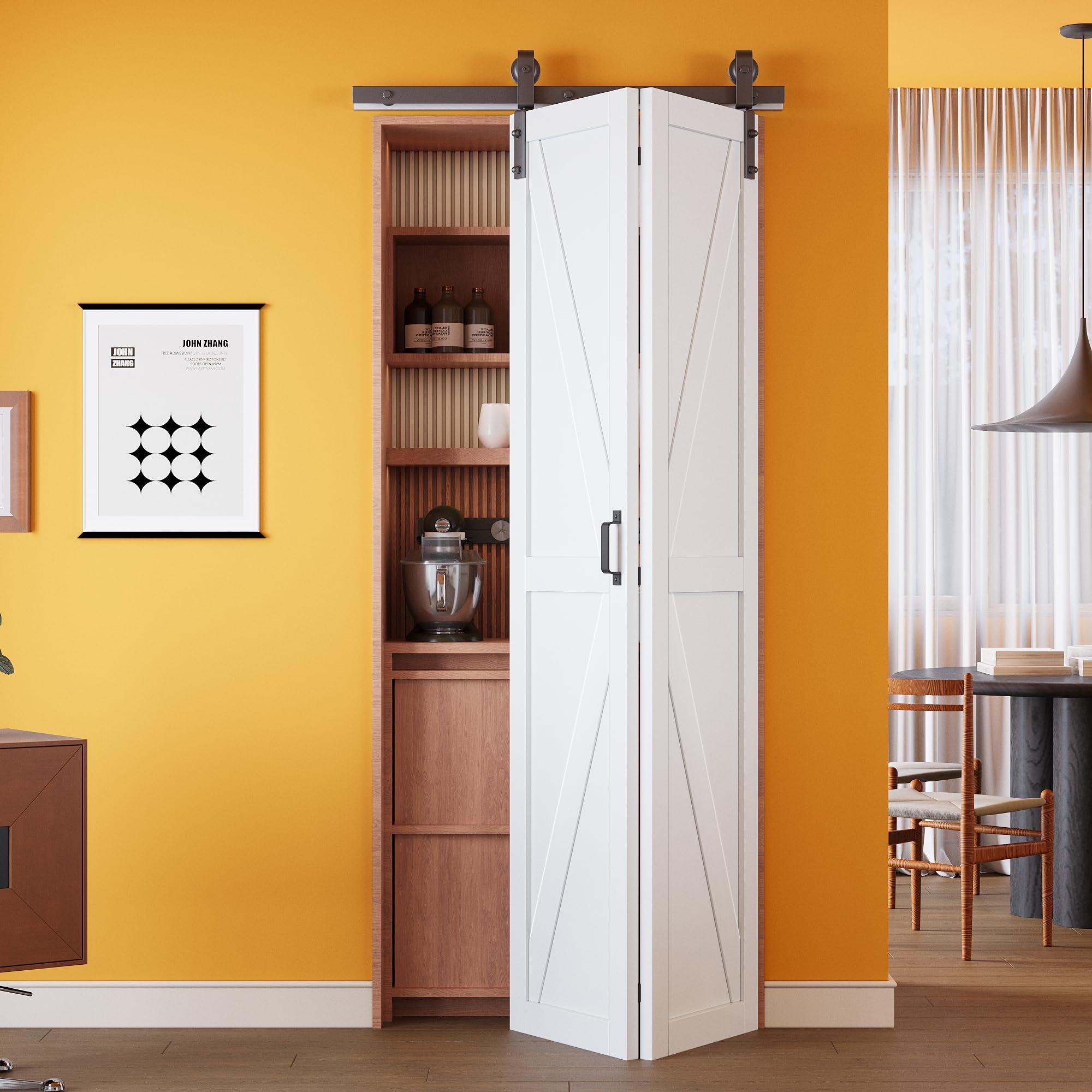 Photo 1 of **Photo and description for reference only***Bifold Barn Door - Pre-Assembled Panels with Sliding Hardware Kit Set, Solid Core Bifold Sliding Barn Doors, Water-Resistant Pre-Finished Bi Fold Barn Door, Easy Assembly, K-Shape, 36" x 84"