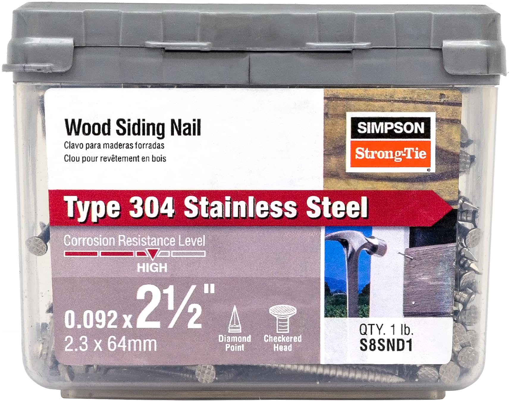 SIMPSON S8SND1 Strong-Tie Siding Nail, 8D X 2-1/2 in, 0.095 in Shank, 304 Stainless Steel