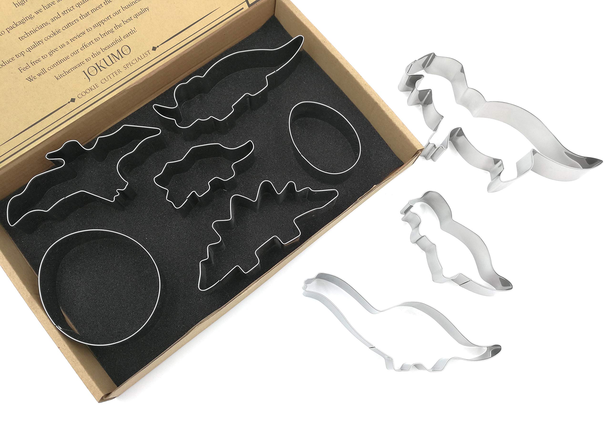 JOKUMO Dinosaur Cookie Cutters Set – 9PC High Grade 430 Stainless Steel –T-Rex, Pterosaur, Stegosaurus, Triceratops, Prenocephale, Chasmosaurus, Brachiosaurus, Dinosaur Egg