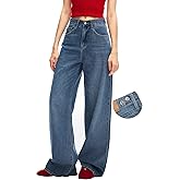 Women's Adjustable Wasit Baggy Jeans with Snap-Button Waistband Wide Straight Leg High Rise Jeans Denim Pants Y2K Trousers