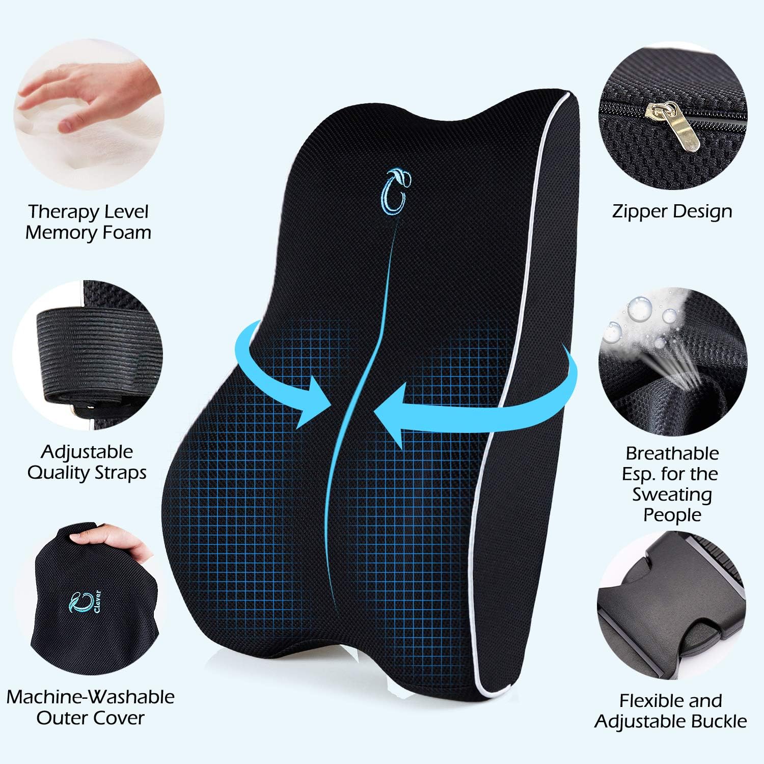 Lumbar Support Pillow for Office Chair, Memory Foam Back Cushion with Updated 3D Mesh Cover, Car Seat Back Pillows for Back Pain Relief, Ideal Back Pillow for Computer/Desk Chair, Car Seat, Etc.: Kitchen & Dining