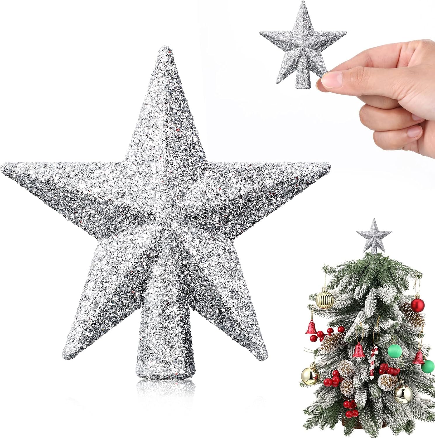 Tree Toppers - Hanaive Mini Christmas Tree Topper Small Christmas Star Mini Christmas Tree Star Topper for Xmas Party Holiday Home Decor (Glitter Silver,2.36 Inch)