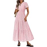 PRETTYGARDEN Womens 2026 Summer Maxi Dress Short Sleeve V Neck Hollow Out Eyelet A Line Long Flowy Beach Vacation Dresses