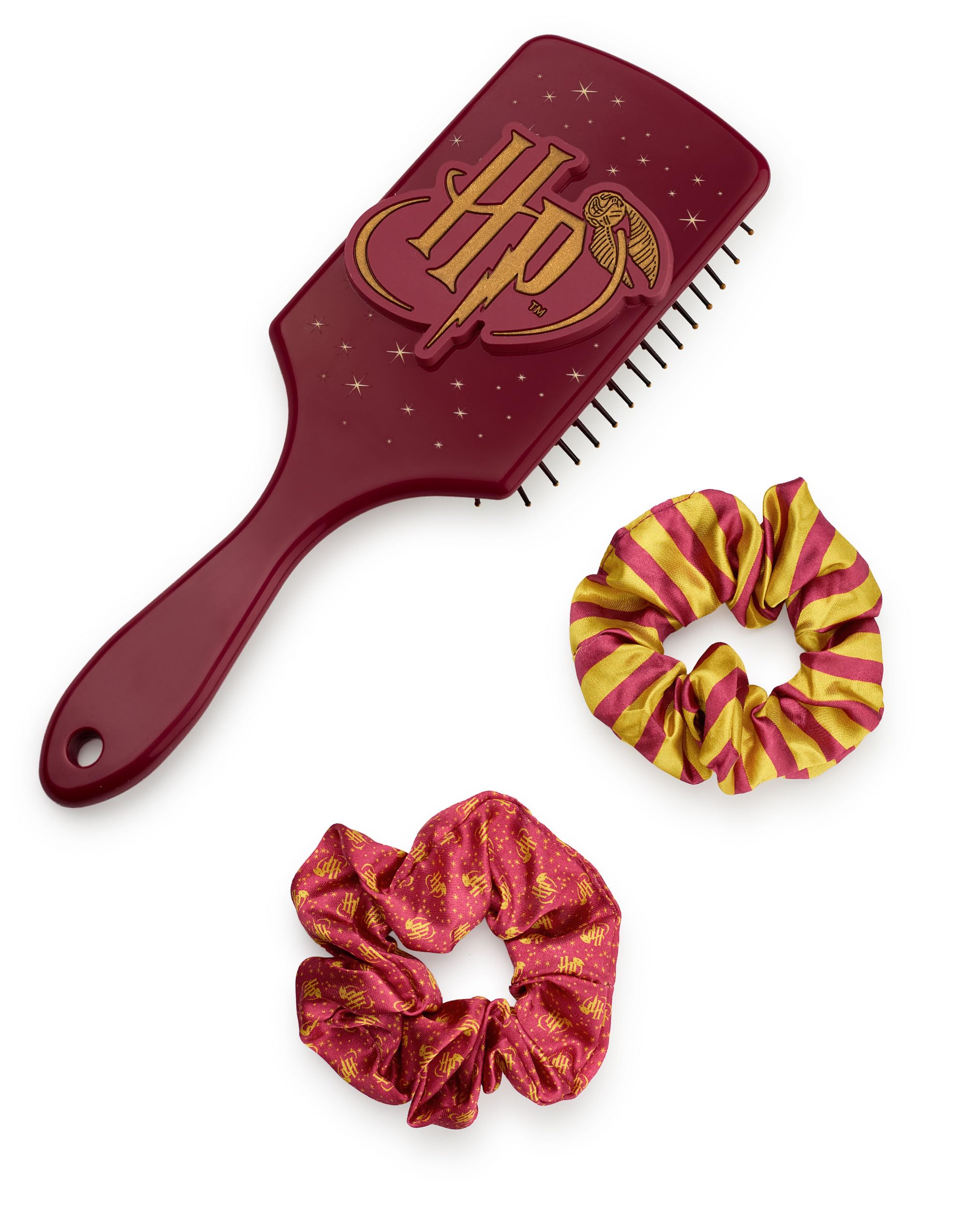Harry Potter Women's Hair Brush and Scrunchie Set | Adults Striped Print Bobble and Paddle Brush with 3D Logo in Burgundy | Detangling Cushion Brush & Hair Band | Movie Magical Wizard Merchandise Gift