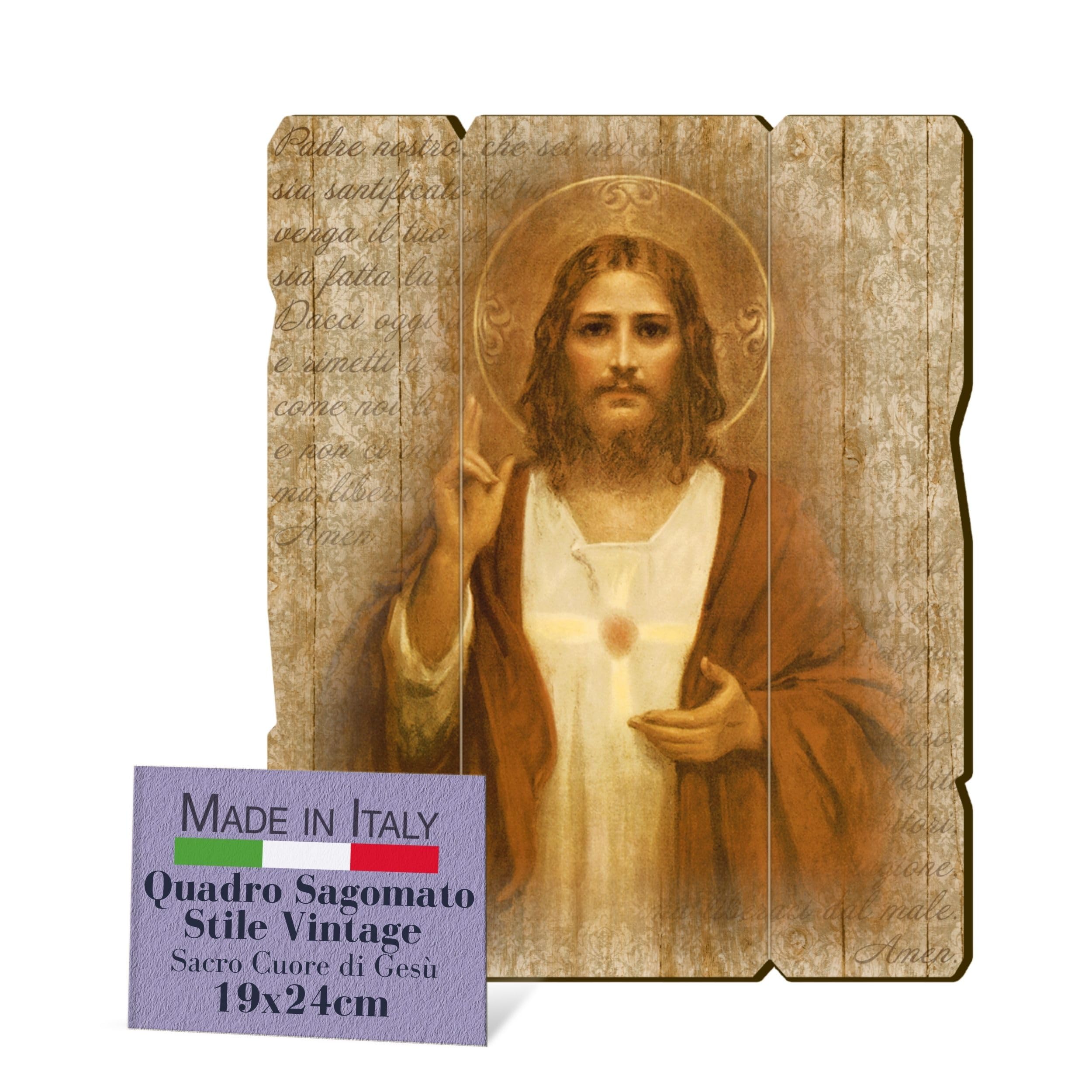 F.LLI BONELLA FRATELLI BONELLA - Vintage Shaped Sacred Heart of Jesus Picture - Poplar Wood Picture Thickness 8mm - Religious Bedroom Picture 19x24 cm - 100% Made in Italy