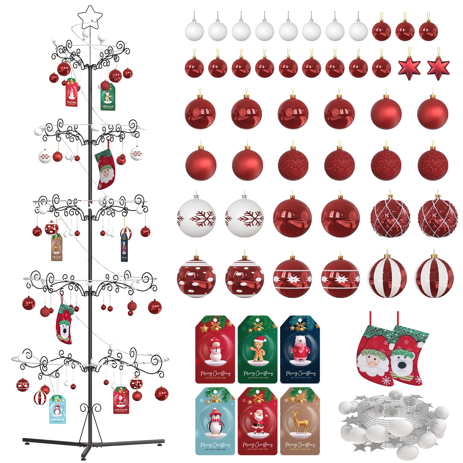 Photo 1 of 6.2 Ft Christmas Ornament Display Stand Tree, Metal Christmas Tree with 54 Balls, 80 LED Lights, 2 Stockings and 6 Holiday Cards, Wrought Iron Xmas Tree Hooks for Offices, Patios & Living Rooms