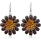 NONQL Handmade Vintage Genuine Leather Sunflower Flower Dangle Earrings Lightweight Retro Boho Daisy Flora Drop Earrings for Women Jewelry Gifts