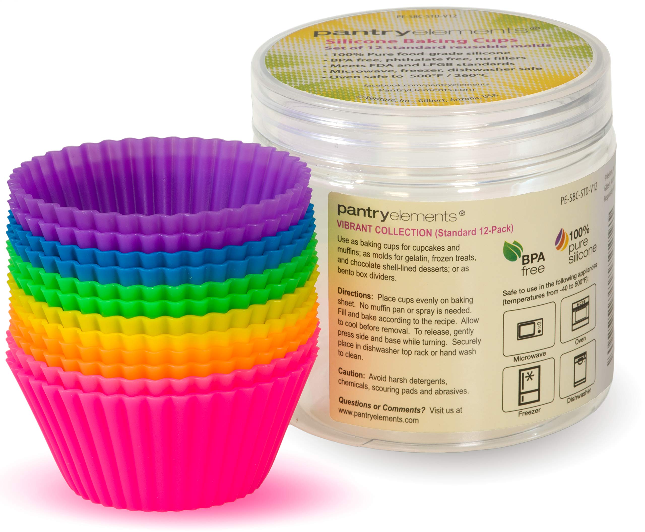 Pantry Elements Silicone Cupcake Baking Cups Liners with Bonus Storage Jar, Pack of 12 Reusable Non-Stick Muffin Liner Molds