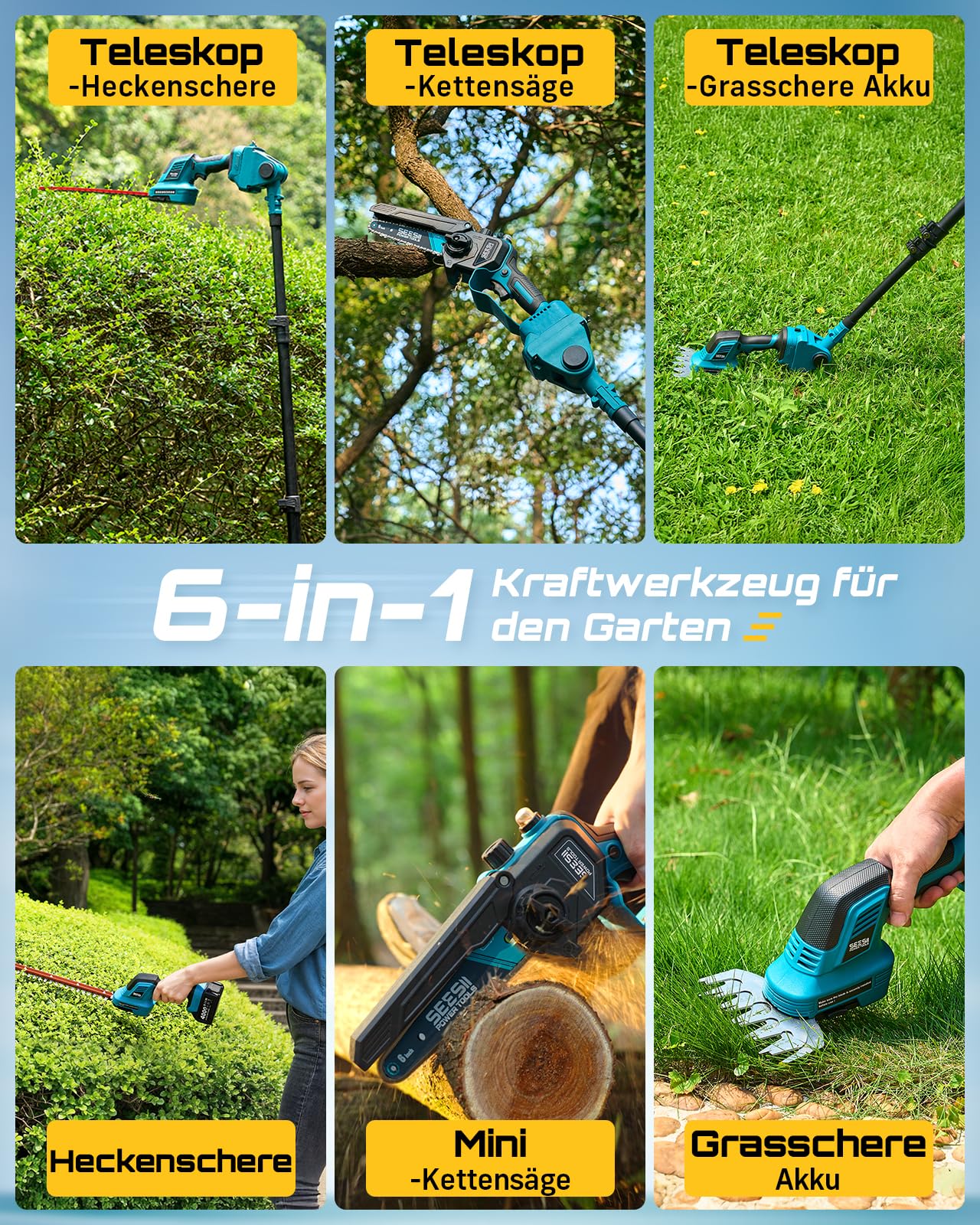 SEESII 6-in-1 Mini Kettensäge & Akku Heckenschere Set, Hochentaster mit 2 * 4000mAh Akkus, Maximale Reichweite bis zu 4,57m, Geeignet für Gartenpflege und zum Holzfällen 2