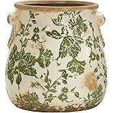 Nearly Natural 6.5in Ceramic Decorative Vase, Tuscan Style Green Floral Scroll Design For Indoor Home Shelf Table Decor