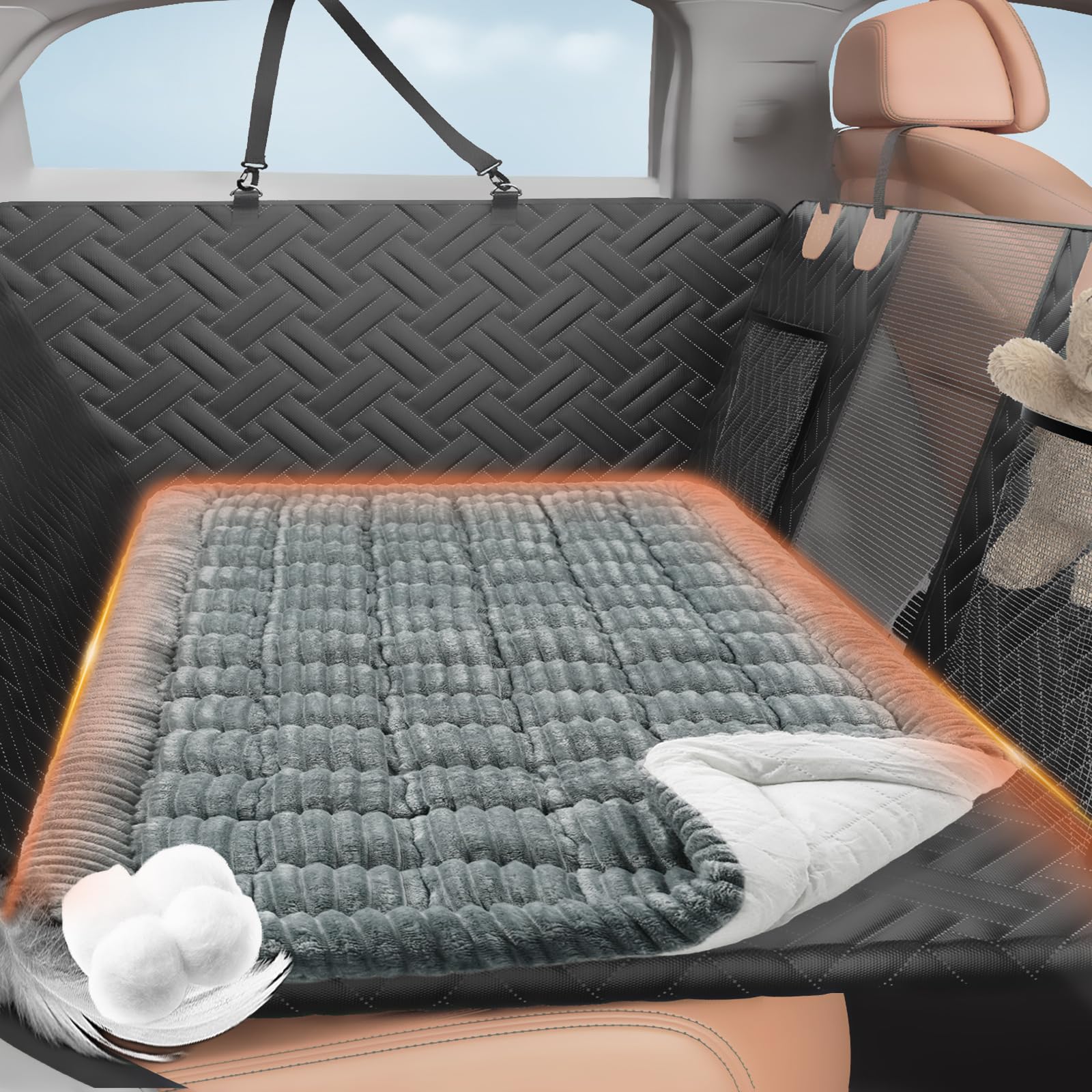 LEHNI Backseat Pet Bed Mat, Deluxe Dog Seat Covers,Truck Plaid Dog Bed for Car Back Seat, Non-Slip Travel Pet Mat, Back seat Extenders for Car/SUV (for L-Grey) Image