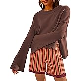 RIATOUR Sweaters for Women Bell Long Sleeve Crewneck Side Slit Fall Winter Casual Oversized Pullover Knit Sweater Top(0001)