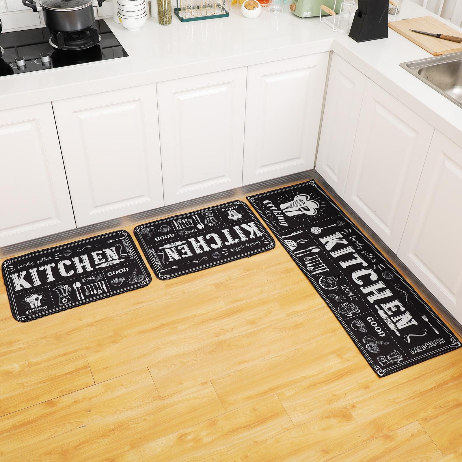 Photo 1 of Sinmoe 3 Pcs Kitchen Rug Set Non Skid Thick Black Kitchen Rugs and Mats Stain Resistant Anti Fatigue Mats for Microfiber Floor Non Slip Backing Mat, 15.7" x 47.2", 15.7" x 23.6"