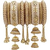 Aheli Indian Traditional Cluster Bells and Jhmki Hanging Wedding Bangles Chuda Set Fashion Jewelry Gift for Women