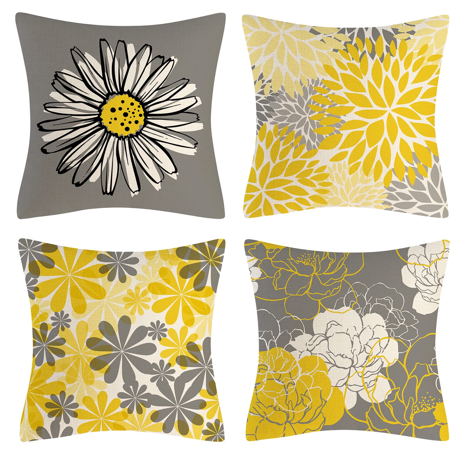 OCEUMACO Linen Cushion Covers 45 x 45 cm for Home Sofa Living Room Set of 4 Square Boho Floral Throw Pillow Cases 18x18 Inches Outdoor Geometric Flowers Cushion Cover - Grey Yellow Mustard