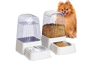 Hipidog Automatic Dog and Cat Food Feeder and Water Dispenser Set with Stainless Steel Bowls,Gravity Pet Food and Water Feeders,100% BPA-Free,Large Capacity for Cats Dogs Pets…(5L White)