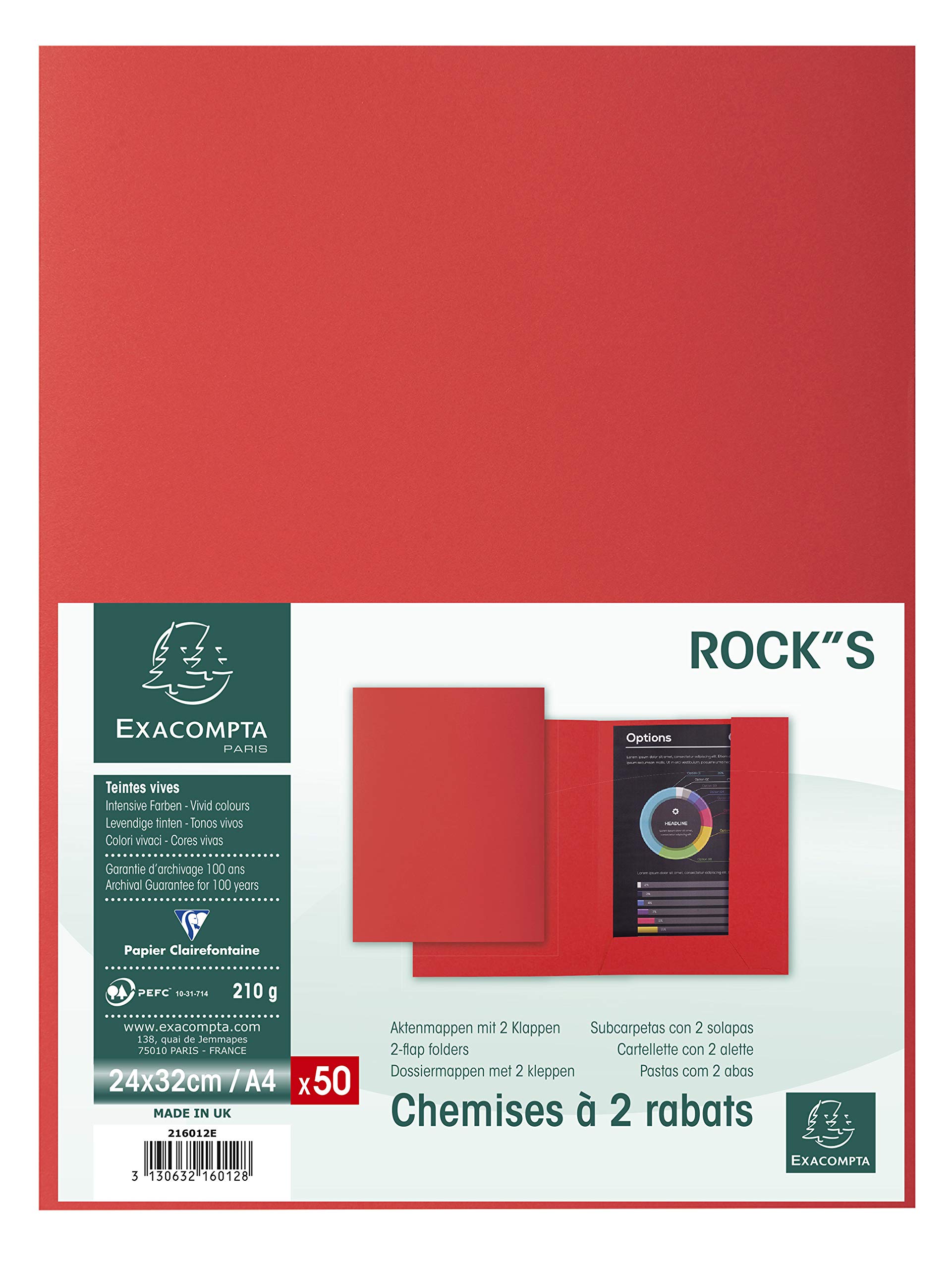 Exacompta - Ref 216012E - Rocks Collection - 2-Flap Folders - 240 x 320mm in Size, Suitable for A4 Documents, 210gsm Material, 2 Fold-Over Flaps - Red (Pack of 50)