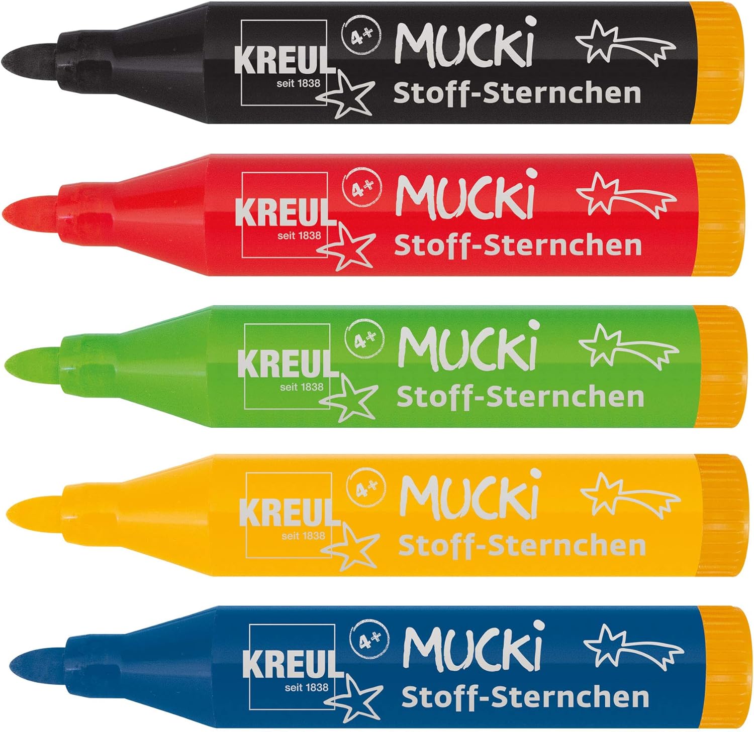 Kreul 27156, Mucki fabric stars, 5 fabric colouring pens for children in yellow red, blue, green and black, line width 2-5 mm - Image 3