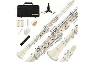 Professional Bb Clarinet Set for Beginners, White and Silver, with Carrying Case, Cleaning Kit, Stand, Gloves and Accessories