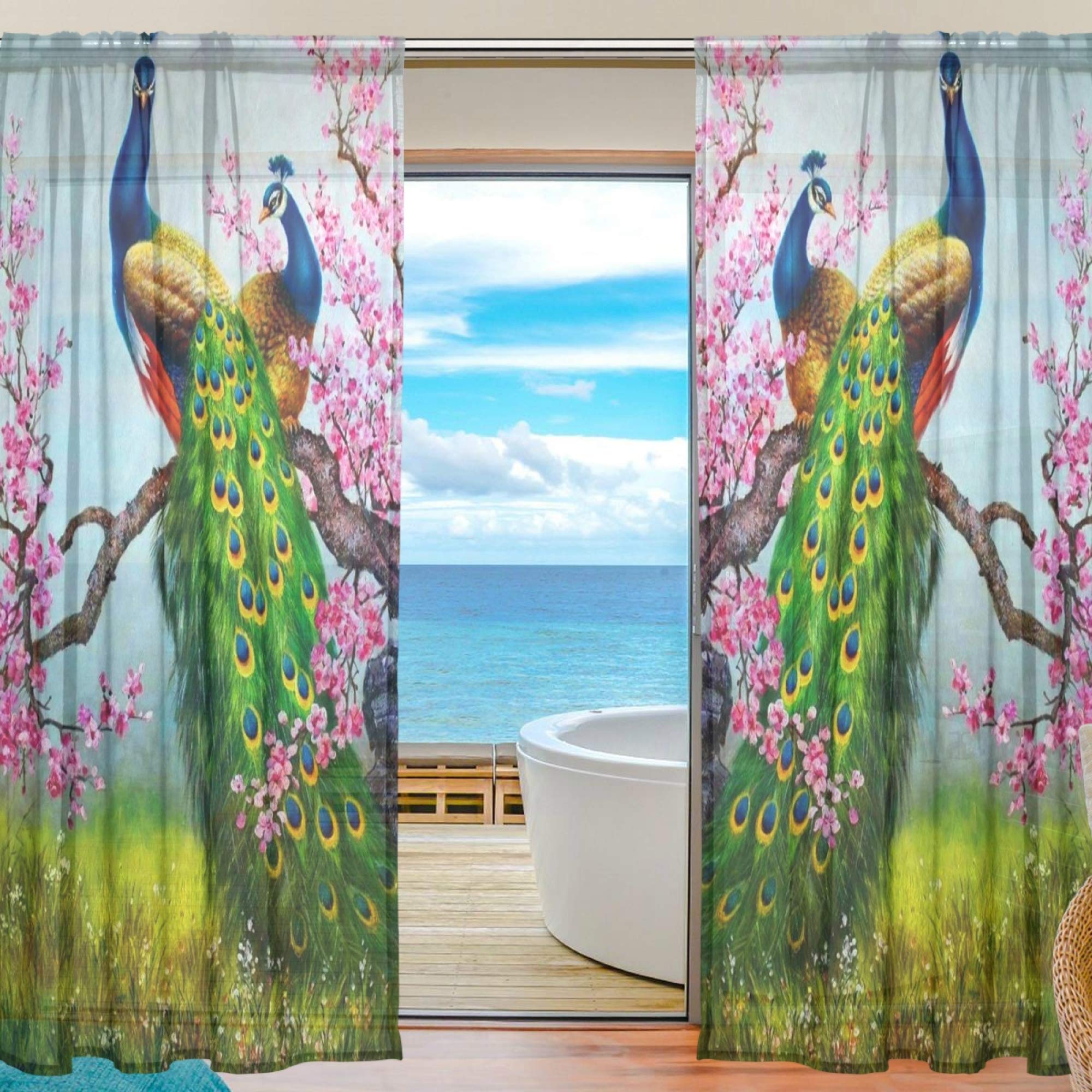 ALAZA Sheer Voile Curtains, Peacock And Flower Polyester Fabric Window Net Curtain for Bedroom Living Room Home Decoration, 2 Panels, 78 x 55 inch