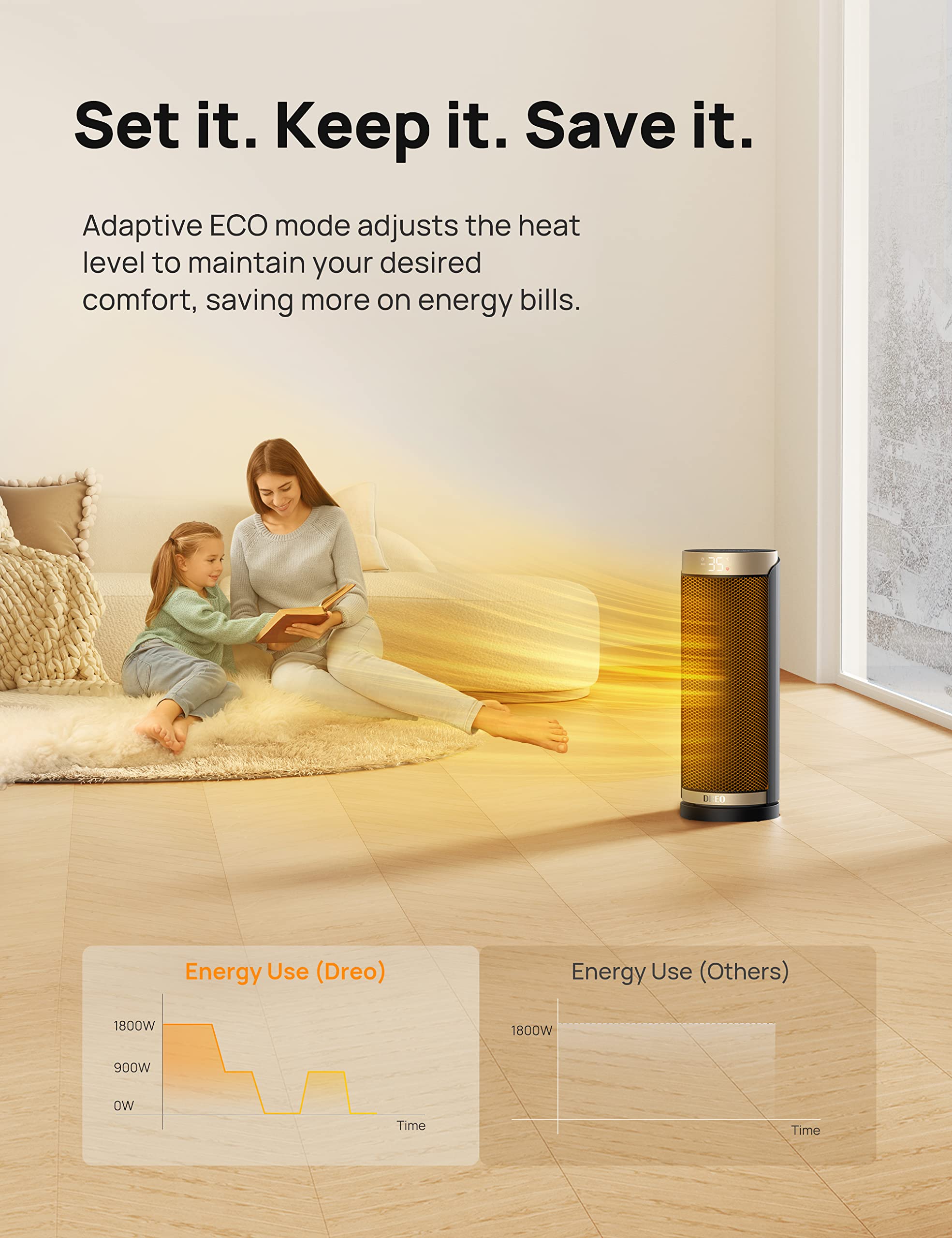 Dreo 16 Inch Electric Heater for Home, 34dB Silent Ceramic Heater, 70° Oscillation Space Heaters Energy Efficient, 3-Mode 3-Speed, Overheating & Tip-Over Protection, 12H Timer, Solaris Slim H3