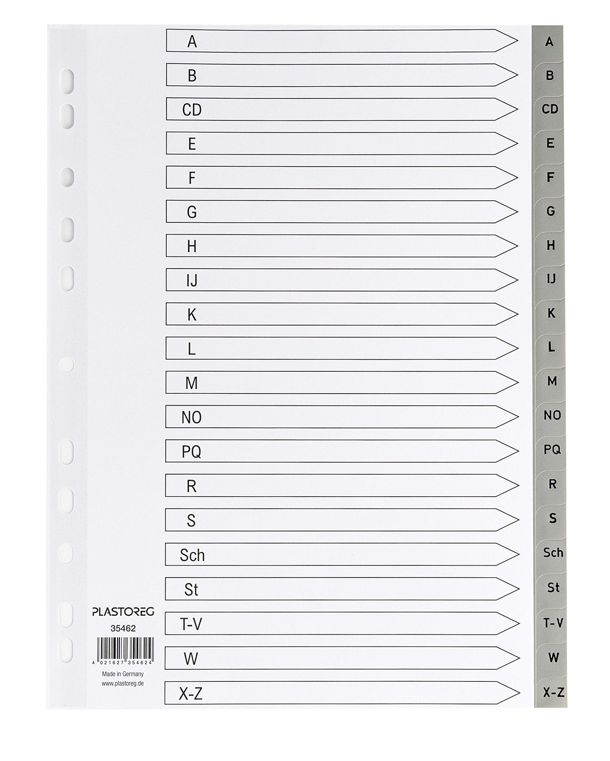 Set of 5 20 dividers made of polypropylene, DIN A4 with letters A-Z, full coverage + practical cover sheet made of sturdy paper for labelling. Divider sheets for folder organisation in the office.