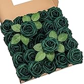 DuHouse 25Pcs Artificial Roses Flowers Fake Roses with Stems Real Touch Foam Flowers for DIY Wedding Bouquet Party Centerpiece Floral Arrangement Party Home Decor(Hunt Green)