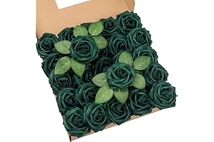 DuHouse 25Pcs Artificial Roses Flowers Fake Roses with Stems Real Touch Foam Flowers for DIY Wedding Bouquet Baby Shower Centerpiece Floral Arrangement Party Home Decor(Hunt Green)