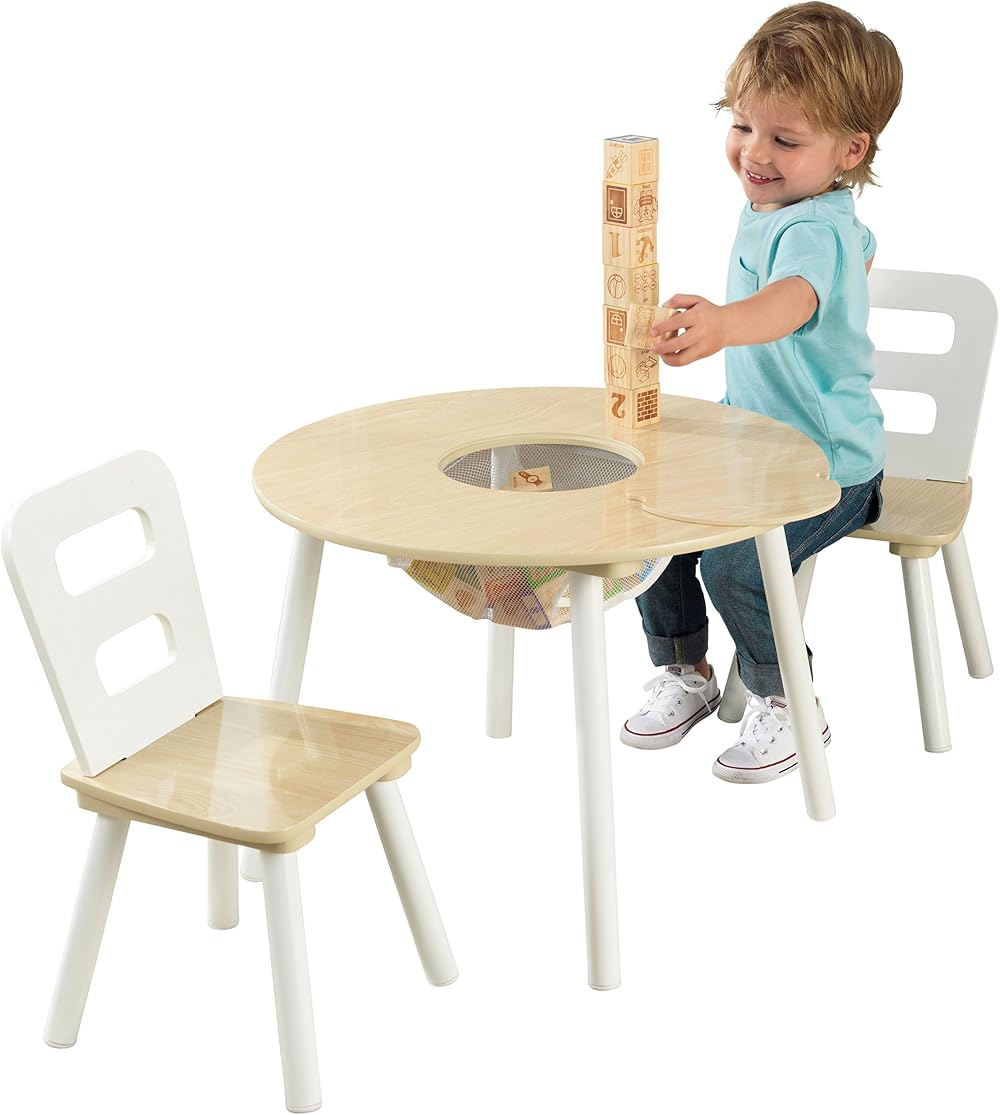 KidKraft Round Wooden Storage Table with 2 Chairs - Kids Furniture Set