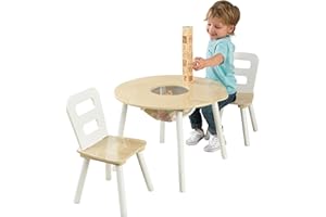 KidKraft Wooden Round Table & 2 Chair Set with Center Mesh Storage - Natural & White, Gift for Ages 3-6