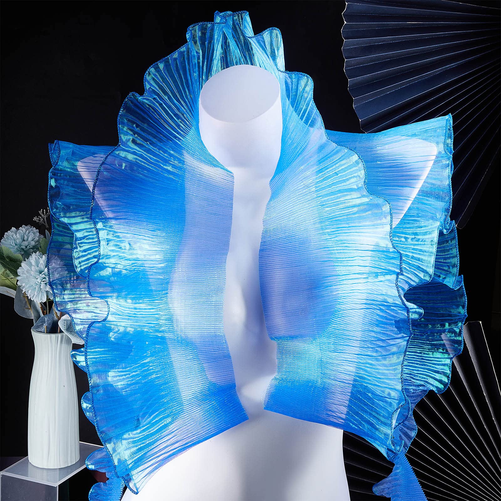 GORGECRAFT 10 Yard Organza Ruffled Pleated Lace Fabric Trim Retro Ruffle Pleated Chiffon Trimmings Polyester Border Lace Fabric for DIY Wedding Dress Craft Home Decor, Cornflower Blue