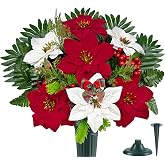 Artificial Cemetery Flowers, Christmas Grave Bouquet -Red White Poinsettia | Headstone Decorations, Gravesite Memorial Arrangement