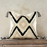 Woven Tufted Boho Throw Pillow Cover, Modern Decorative Geometric Chevron Striped Cushion with Tassels, Farmhouse Tribal Pillowcases for Couch Sofa Bedroom Living Room, 18 x 18 Inches, Black, Ivory